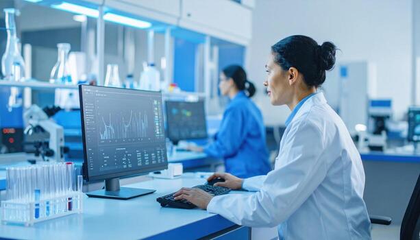 Woman in laboratory focused on her work, analyzing data on computer monitor. She wears white lab coat, surrounded by scientific equipment and glassware, showcasing high tech environment photo