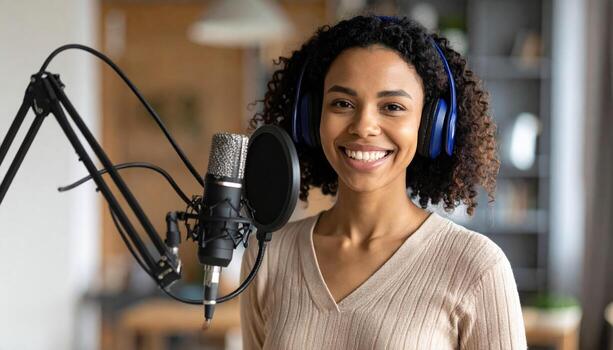 Young radio host with curly hair and headphones smiles confidently while standing in front of microphone, radiating enthusiasm and passion for broadcasting photo