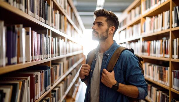 Young man with focused expression stands in library, surrounded by tall bookshelves filled with books. He carries backpack and appears to be deep in thought, navigating through aisles photo