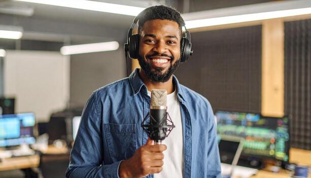 Young male radio host with microphone in hand stands confidently in vibrant studio, surrounded by high tech equipment, exuding enthusiasm and passion for broadcasting photo