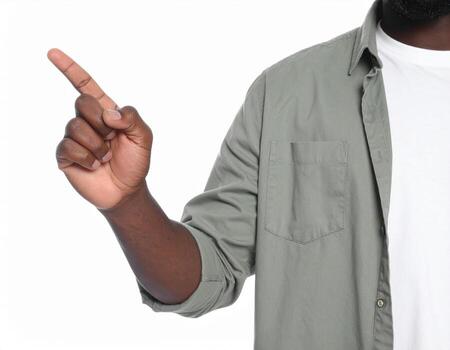 Closeup of man hand pointing with serious expression on white background, showcasing detail and clarity photo