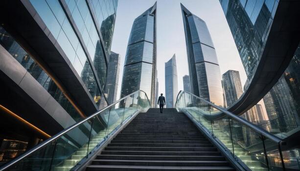 un persona es caminando arriba un conjunto de escalera enmarcado por alto estructuras foto