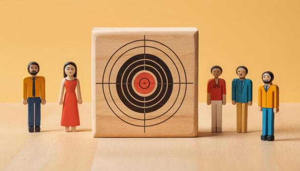 Wooden figures stand next to a square target. photo