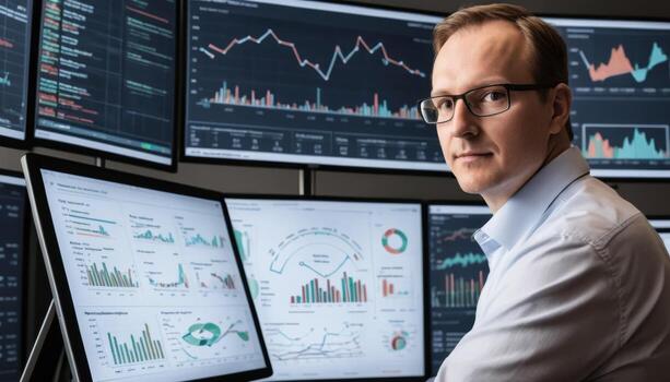 The person is looking at multiple computer screens filled with charts and graphs. photo