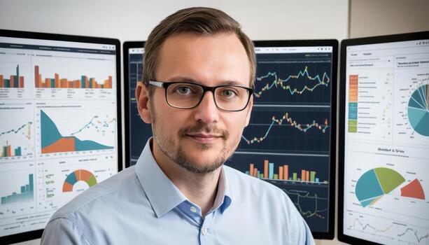 A individual wearing glasses in front of computer monitors displaying charts. photo
