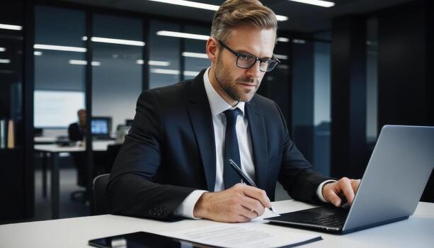 A person in business attire sits at a desk with a computer, writing on paper. photo