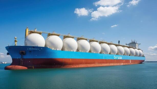 A ship in the water has several large spherical tanks on its deck. photo