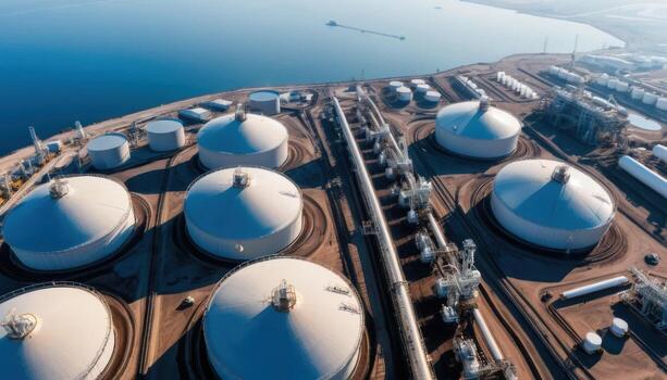 A high angle view shows a industrial complex next to a body of water. The site contains various cylindrical storage containers and numerous pipes. photo