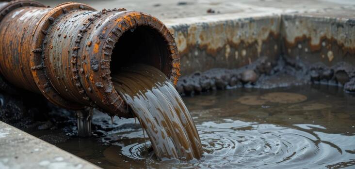 A rusted pipe is dumping water into a concrete structure. photo