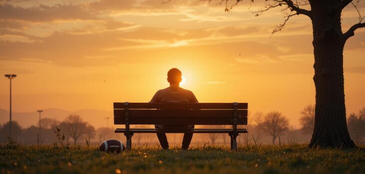 A seated figure looks out at a landscape with an object next to a bench under a tree. photo