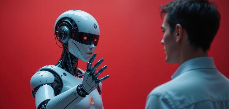 A white humanoid robot is standing with its hand up in front of a person. The background is red. photo