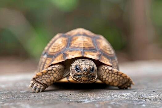 A close-up of a tortoise with a textured shell and curious expression, set against a blurred green background. photo