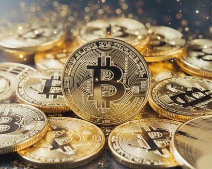 A close-up view of shiny Bitcoin coins with intricate designs, creating a sense of wealth and opportunity. photo