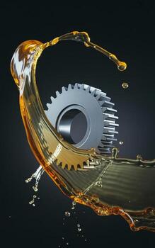 A metallic gear splashing through a wave of golden liquid, creating a dynamic and energetic visual experience. photo