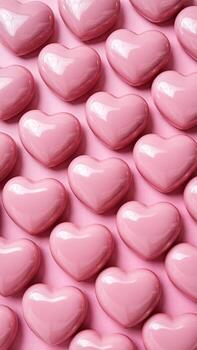 un vibrante formación de lustroso rosado corazones arreglado en un uniforme patrón, evocando un alegre humor. foto