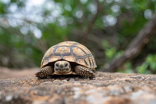 A close-up of a tortoise on a rock, showcasing its intricate shell patterns in a natural setting. photo