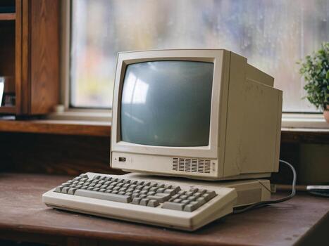 Vintage desktop computer with keyboard, showcasing retro design and nostalgic charm. photo