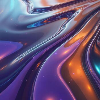 A vibrant abstract swirl of glossy blues, purples, and oranges creating a mesmerizing flowing texture. photo