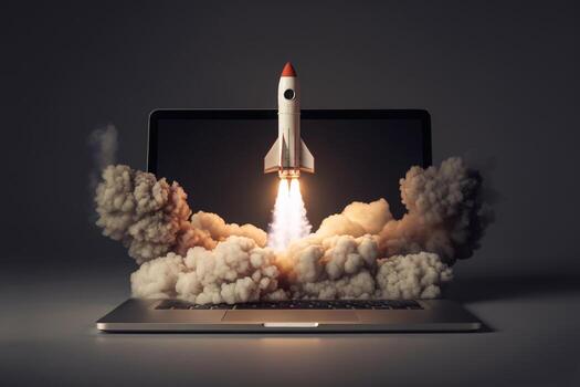 A rocket launching from a laptop, symbolizing innovation and technology in a dynamic setting. photo
