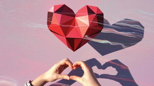 Two hands forming a heart shape against a colorful background with a geometric red heart design. photo