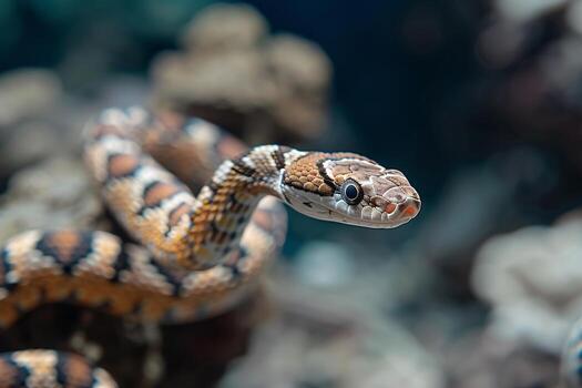 de cerca de un vistoso serpiente, exhibiendo sus distinto patrones y textura en contra un natural fondo. foto