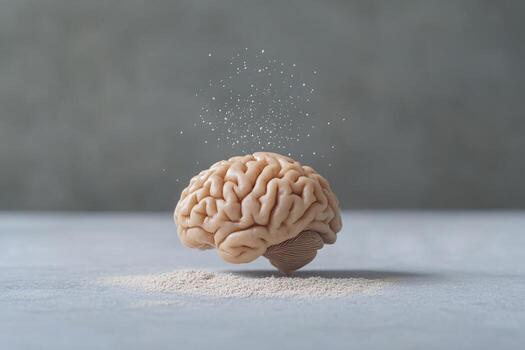 A realistic brain model floating above a powdery base, creating an intriguing visual effect. photo