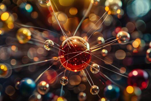 Colorful abstract representation of atomic structure with glowing orbs and dynamic particles. photo