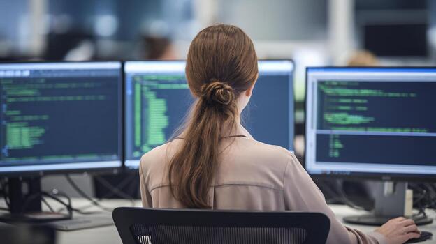 A focused woman coding at her workstation, surrounded by multiple screens displaying green programming code. photo