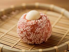 An elegant pink dessert on a bamboo tray, showcasing delicate textures and a round shape. photo