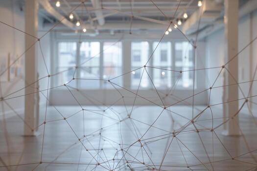 un intrincado web de instrumentos de cuerda crea un artístico monitor en un brillante galería ajuste. foto