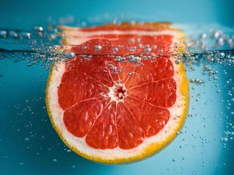 Close-up of a citrus fruit slice submerged in sparkling water, creating a refreshing vibe. photo