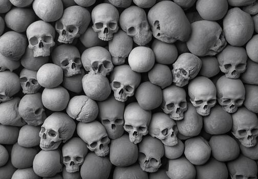 A monochrome display of human skulls and round bones, creating a striking and eerie visual effect. photo