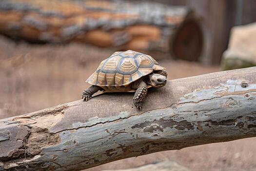 A tortoise gracefully climbs a weathered log in a serene setting, showcasing its unique shell patterns. photo