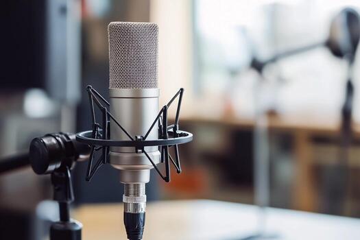 Close-up of a professional microphone in a studio setting, capturing sound with precision. photo