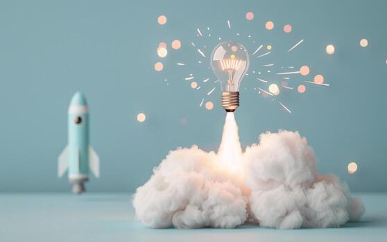 un ligero bulbo cohete lanza desde mullido nubes, simbolizando innovación y creatividad en un caprichoso ajuste. foto