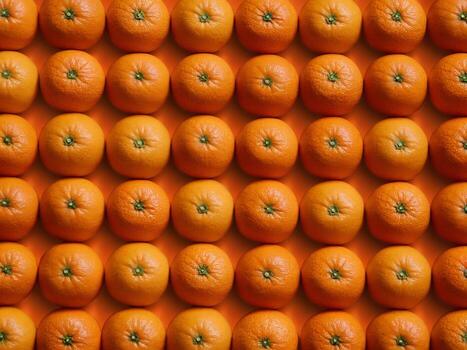 A vibrant array of fresh oranges neatly arranged in rows, showcasing their bright color and texture. photo
