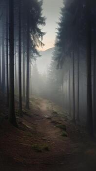 A serene forest pathway surrounded by tall trees in a calming misty atmosphere. photo