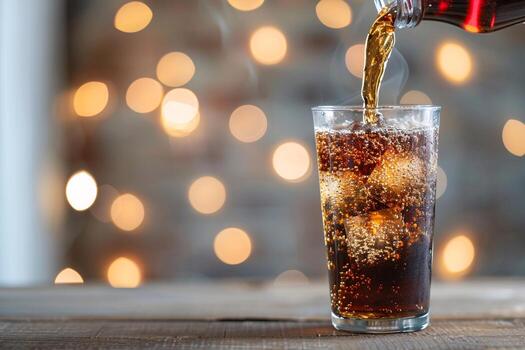 Refreshing cola poured over ice, with glimmering lights in the background, creating a festive atmosphere. photo