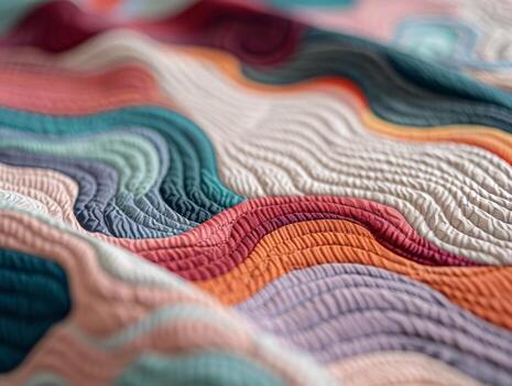 Colorful quilt showcasing intricate wave patterns in soft hues, creating a cozy and inviting texture. photo