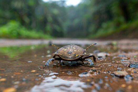 un de cerca de un Tortuga con intrincado patrones, despacio Moviente mediante un lodoso camino en un lozano verde ambiente. foto