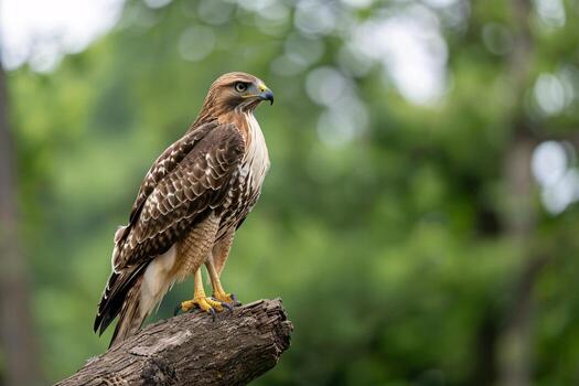 A majestic brown hawk perched on a tree branch, showcasing its sharp gaze and intricate feather patterns. photo