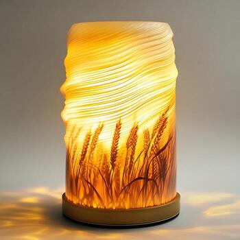 Glowing lamp illuminating a wheat field design with warm light, showcasing intricate 3D printed wavy patterns and creating a cozy inviting atmosphere for interior decor photo