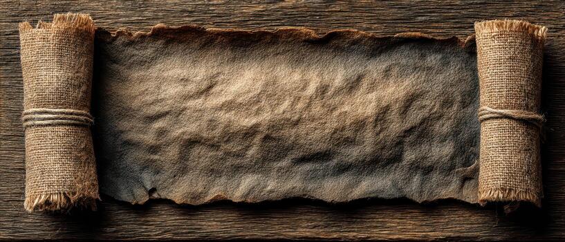 Old parchment scroll on wooden background photo