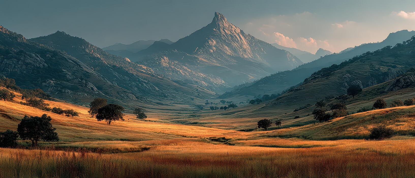 A beautiful mountain landscape with tall grass and trees 69859324