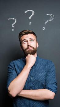 A man is thinking about something on a blackboard photo