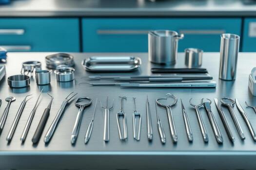 A table with various surgical instruments on it photo