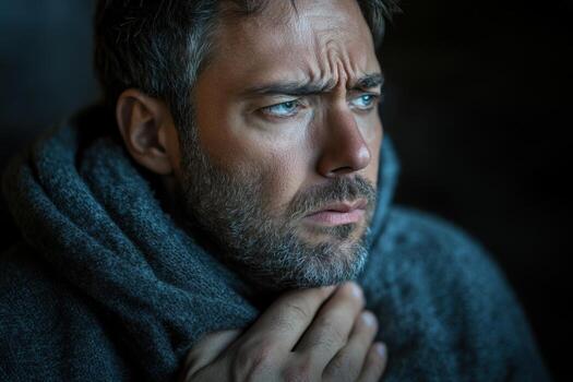 A man with a beard and a gray sweater is looking at his chest photo