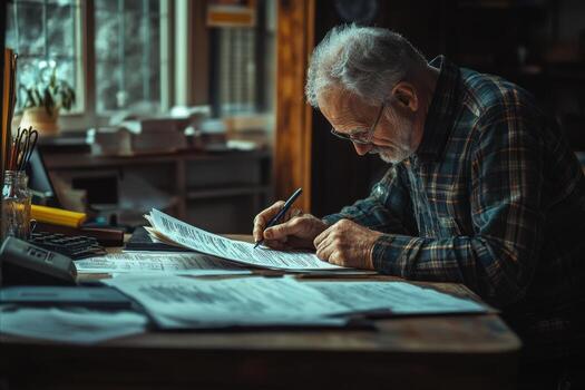 An older man is writing on paper while sitting at a desk photo