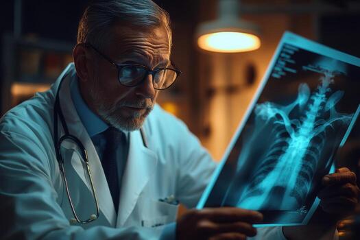 A man in a lab coat is looking at an x - ray image photo
