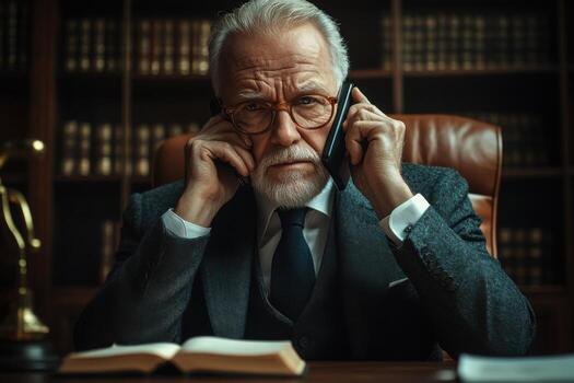 An old man in a suit and tie talking on the phone photo